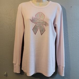 Denver Broncos Pink Long Sleeve Tee with Rhinestone Beast Cancer Awareness Ribbo